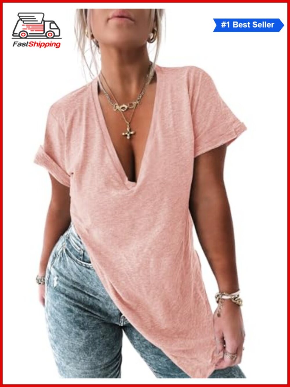 Womens Oversized V Neck Tunic T Shirt Short Sleeve Curved Hem Summer Top